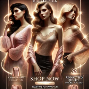 DALL·E 2025 01 24 00.18.37 A luxurious and modern digital advertisement for 'Chaman Collection,' focusing on fashionable women's tops. The design features three diverse, confide